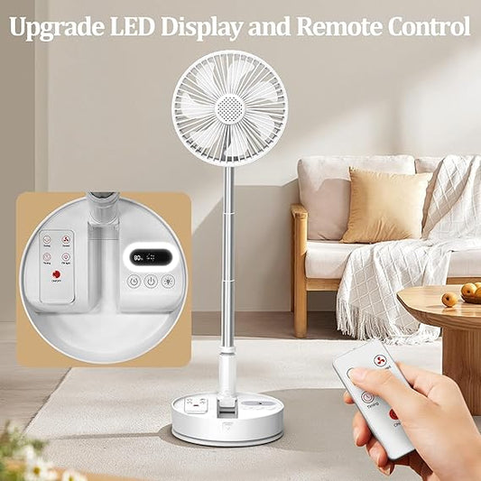 HHT Foldable Portable Standing Fan with Remote, 8" Rechargeable Floor Fan, 120° Quiet Oscillating Fan, 4 Speeds, LED Light, Timer, 7200mAh Battery, Adjustable Height Table Fan for Home Travel